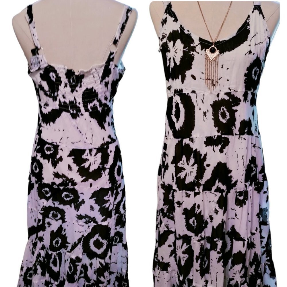 (#616) Silver Stream Black & White Abstract Print Sleeveless Midi Dress Size L